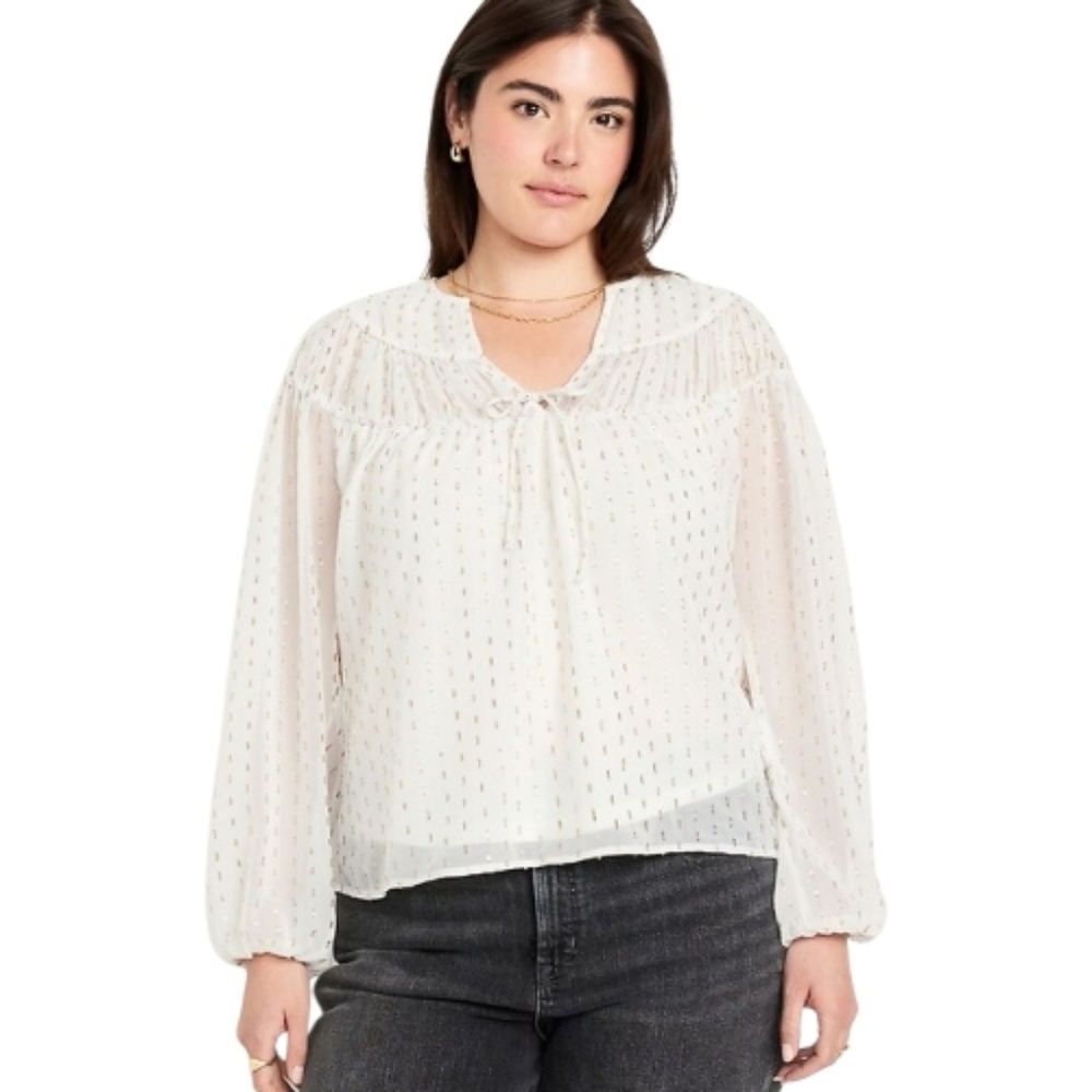 Split Neck Chiffon Blouse Cream And Gold Semi Sheer Long Sleeve Peasant Look